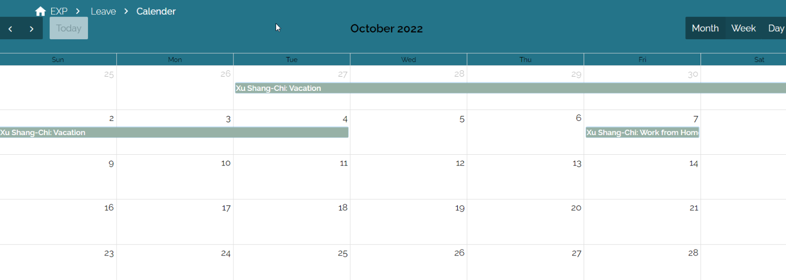 The user's Vacation and Work from Home policies are displayed in the Leave Calendar.